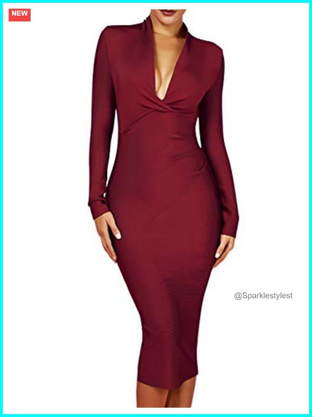 Women's Deep Plunge Long Sleeve Club Cocktail Party Dress Knee Length
